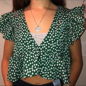 Green with white polka dots blouse top
